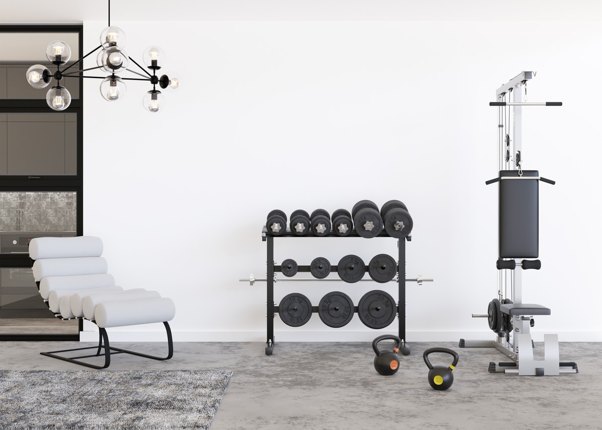 Modern room with sport equipment. Contemporary interior. Healthy lifestyle, sport, training at home concept. Stay fit. Home gym. Contemporary interior. Healthy lifestyle, sport, weight training at home concept.