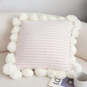 SOGA 2X 45cm Cream Waffle Weave Pillow Cover with Pom Poms