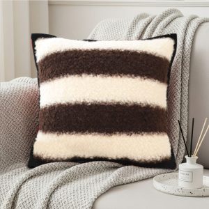 SOGA 2X 45cm Cozy Brown & Cream Striped Bouclé Square Pillowcase
