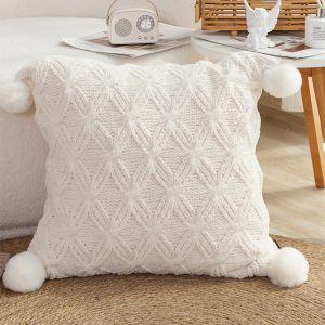 SOGA 2X 45cm Luxurious Ivory Diamond Knit Throw Pillowcase with Pom Poms