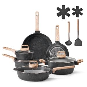 17 Piece Pots and Pans Set Nonstick, Granite Cookware Set, Induction Cookwares, Kitchen RV Cooking Sets with Frying, Sauce, Saute, Tempered Glass Lids, and Pan Protectors, Black