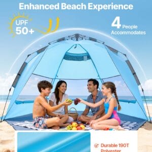 Beach Tent Sun Shelter for 4 Person, Pop Up Beach Tent UPF 50+ Protection, Portable Sun Shade Canopy with Carrying Bag and Sand Pockets, Easy Setup Umbrella for Camping Fishing Outdoor Picnic