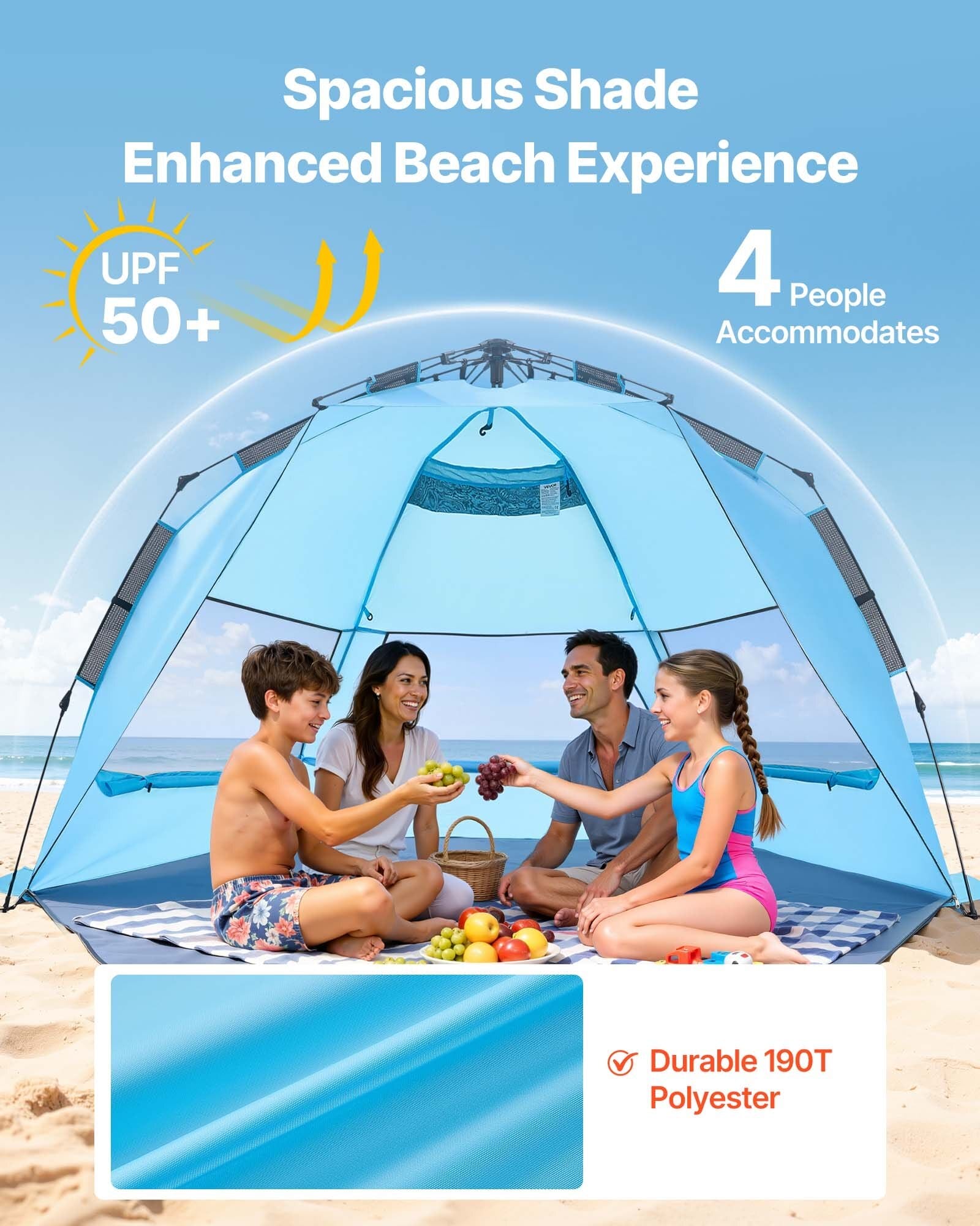 Beach Tent Sun Shelter for 4 Person, Pop Up Beach Tent UPF 50+ Protection, Portable Sun Shade Canopy with Carrying Bag and Sand Pockets, Easy Setup Umbrella for Camping Fishing Outdoor Picnic