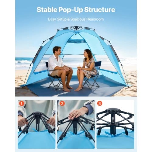 Beach Tent Sun Shelter for 4 Person, Pop Up Beach Tent UPF 50+ Protection, Portable Sun Shade Canopy with Carrying Bag and Sand Pockets, Easy Setup Umbrella for Camping Fishing Outdoor Picnic - Image 2