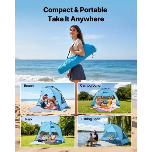 Beach Tent Sun Shelter for 4 Person, Pop Up Beach Tent UPF 50+ Protection, Portable Sun Shade Canopy with Carrying Bag and Sand Pockets, Easy Setup Umbrella for Camping Fishing Outdoor Picnic - Image 5
