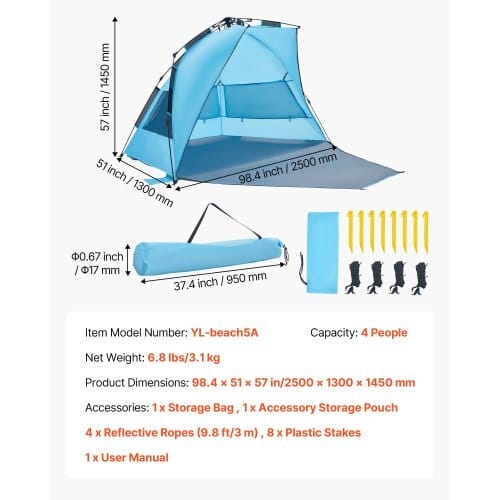 Beach Tent Sun Shelter for 4 Person, Pop Up Beach Tent UPF 50+ Protection, Portable Sun Shade Canopy with Carrying Bag and Sand Pockets, Easy Setup Umbrella for Camping Fishing Outdoor Picnic - Image 6