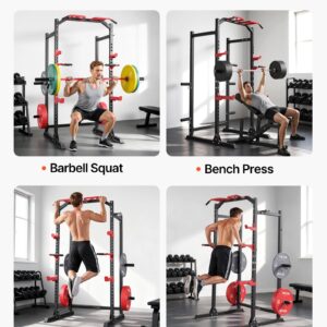 Power Cage Power Rack, Multifunctional Barbell Squat Rack with Adjustable Height, Home Gym Strength Training Workout Equipment with J-Hooks & More Fitness Attachment for Bench Press Pull-Up Dips