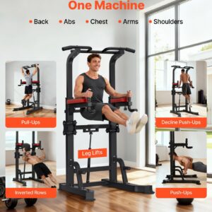 Pull Up Bar, 330 LBS Power Tower Dip Station, Workout Dip Station with H-Shaped Stable Base & Assistance Platform, Adjustable 9 Level Height Pullup Stand for Back, 3-Level Adjustable Elbow Pads